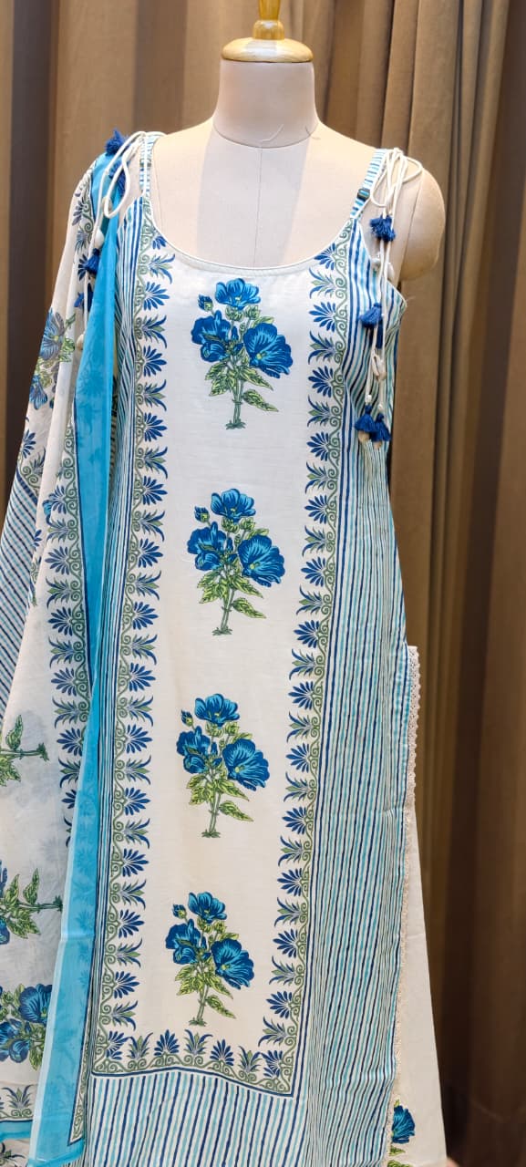 Strappy Kodi Tassel Sleeveless Printed Cotton Full Suit Set With Dupatta- 14794 RB410
