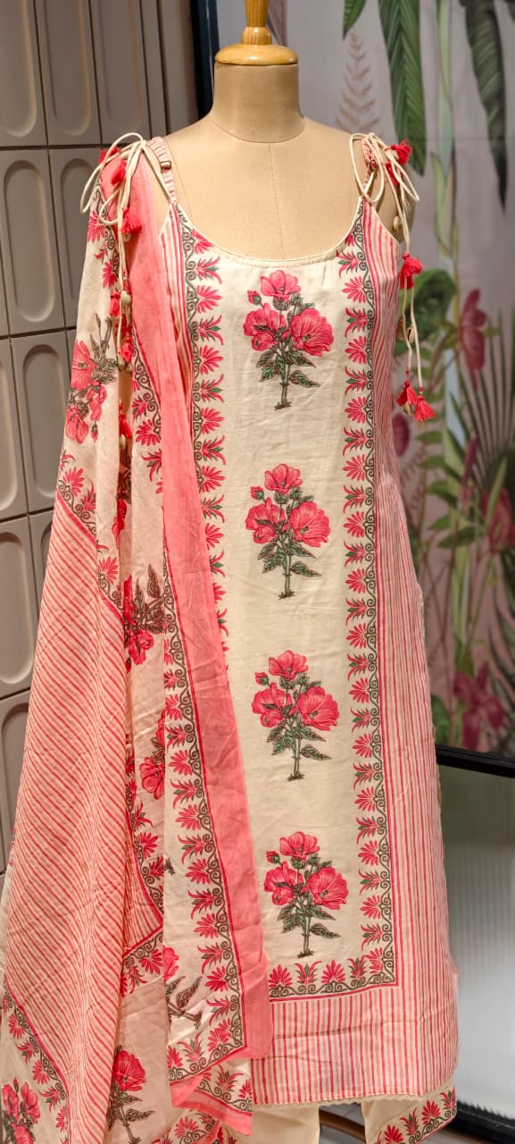 Strappy Kodi Tassel Sleeveless Printed Cotton Full Suit Set With Dupatta- 14794 RB410