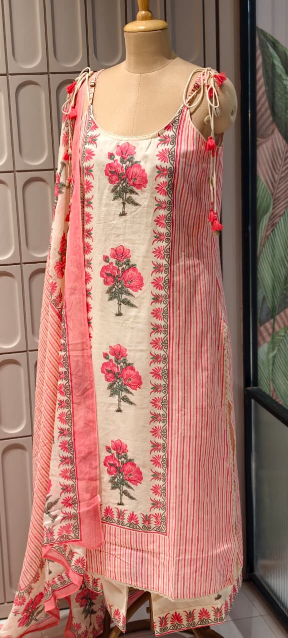 Strappy Kodi Tassel Sleeveless Printed Cotton Full Suit Set With Dupatta- 14794 RB410