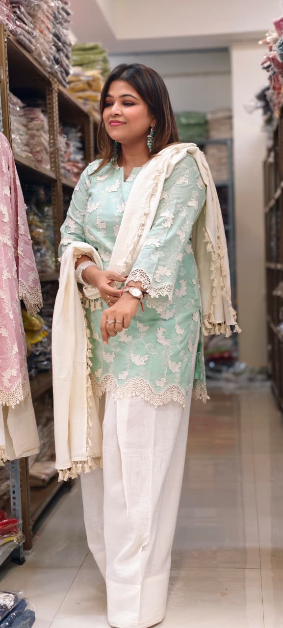 Premium Chevron Floral Popped Crosia Touch Full Suit Set With Tasseled Dupatta & Farsi Bottom- 14787 RB414