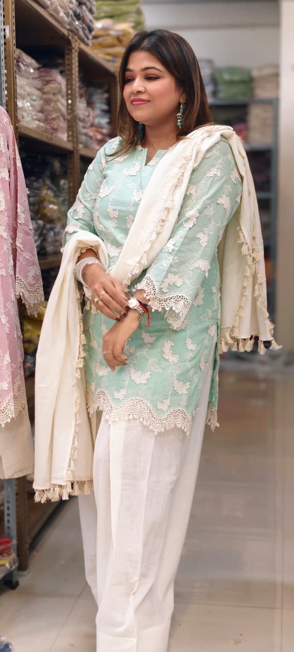 Premium Chevron Floral Popped Crosia Touch Full Suit Set With Tasseled Dupatta & Farsi Bottom- 14787 RB414