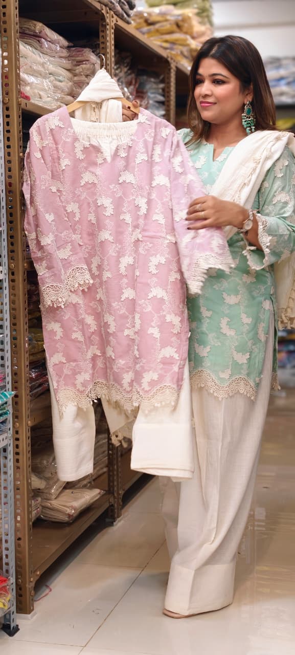 Premium Chevron Floral Popped Crosia Touch Full Suit Set With Tasseled Dupatta & Farsi Bottom- 14787 RB414