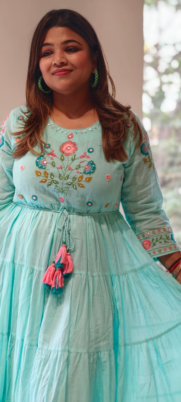 Multicolor Thread Embroidery Sequin Upwork Pastel Shade Multi Layers Plated Mul Cotton Ankle Length Frock-14672 RB407