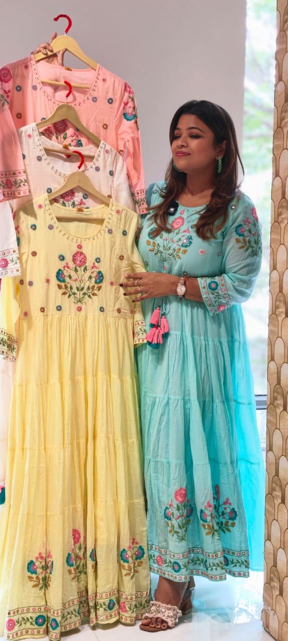 Multicolor Thread Embroidery Sequin Upwork Pastel Shade Multi Layers Plated Mul Cotton Ankle Length Frock-14672 RB407