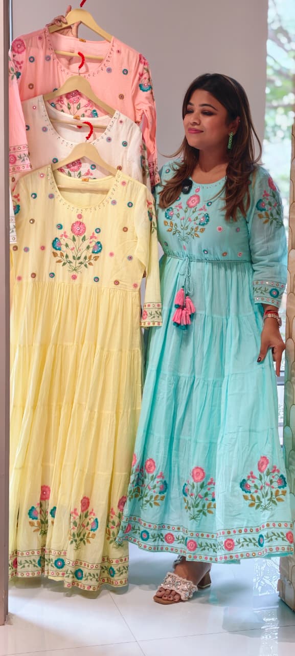 Multicolor Thread Embroidery Sequin Upwork Pastel Shade Multi Layers Plated Mul Cotton Ankle Length Frock-14672 RB407
