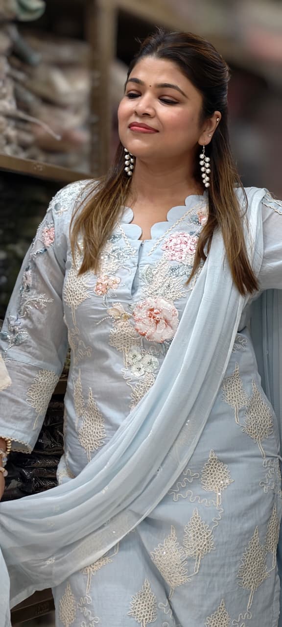 Ivory Pearl Scalloped Chikankari Premium Mul Chanderi Full Suit Set with 3D Floral Hand Embroidery- 14830 RB455