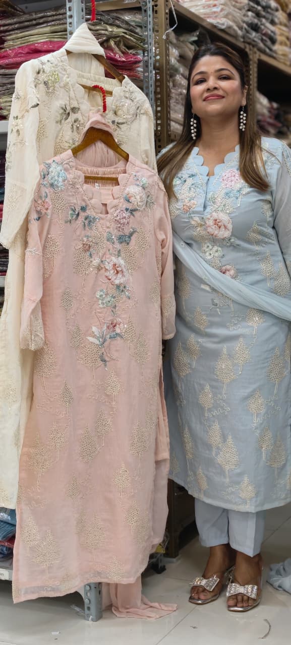 Ivory Pearl Scalloped Chikankari Premium Mul Chanderi Full Suit Set with 3D Floral Hand Embroidery- 14830 RB455