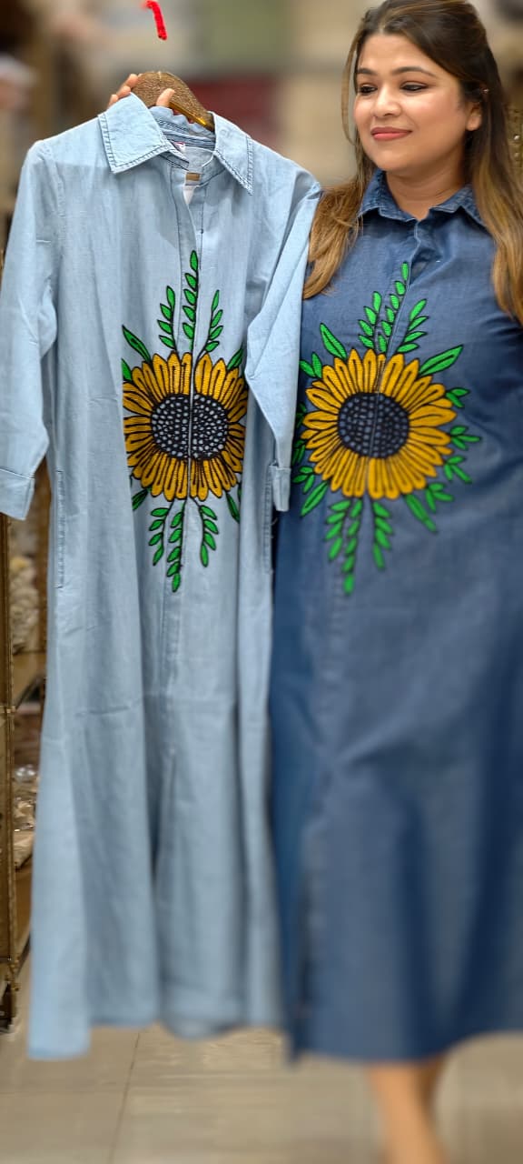Giant Digital Floral Look Thread Embroidery Summer Cotton Denim Frock- 14802 RB467