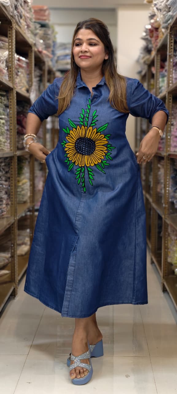 Giant Digital Floral Look Thread Embroidery Summer Cotton Denim Frock- 14802 RB467