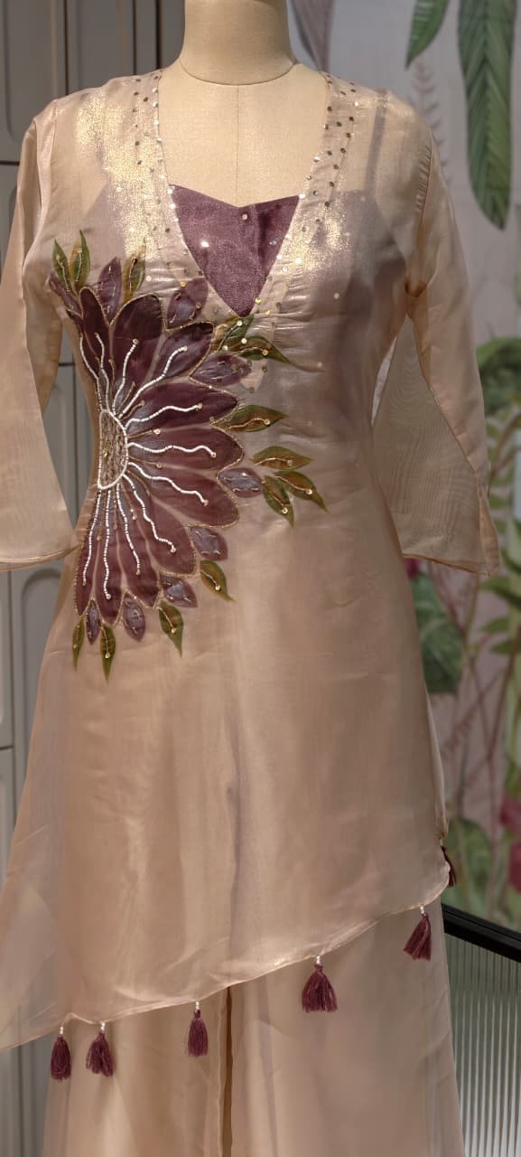 Digital Floral Print Golden Highlights Kurta With Buster & Bottom In Tissue Fabric- 14318,14 RB218