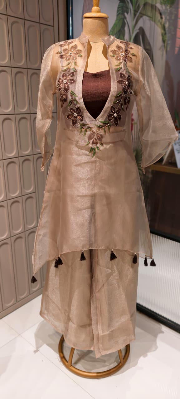 Elegant Digital Floral Print Tasseled Kurta With Buster & Bottom In Tissue Fabric- 14315,17 RB217