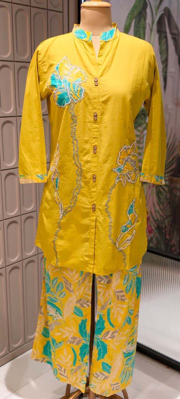 Neon Cotton Co-Ord Set with Floral Patchwork Tunic and Printed Palazzo Pants- 14662 RB481