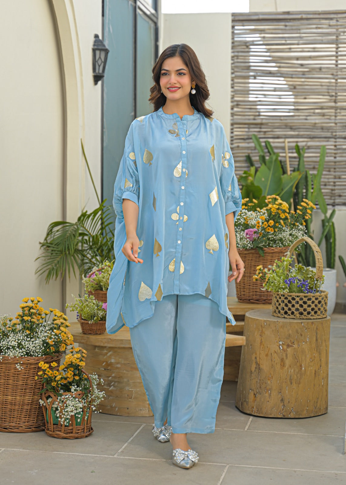 Powder Blue Golden Embossed Highlights Flowy Crepe Pathani Style Over Sized Co-Ord Set- 14849 RB484