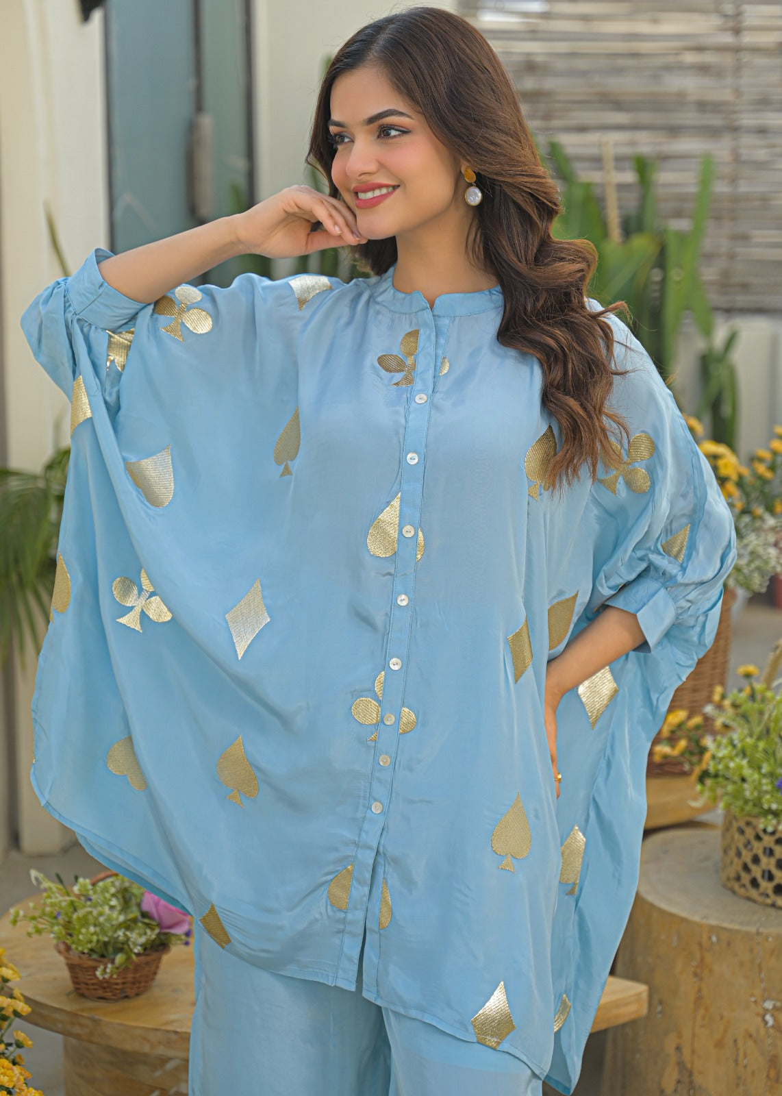 Powder Blue Golden Embossed Highlights Flowy Crepe Pathani Style Over Sized Co-Ord Set- 14849 RB484