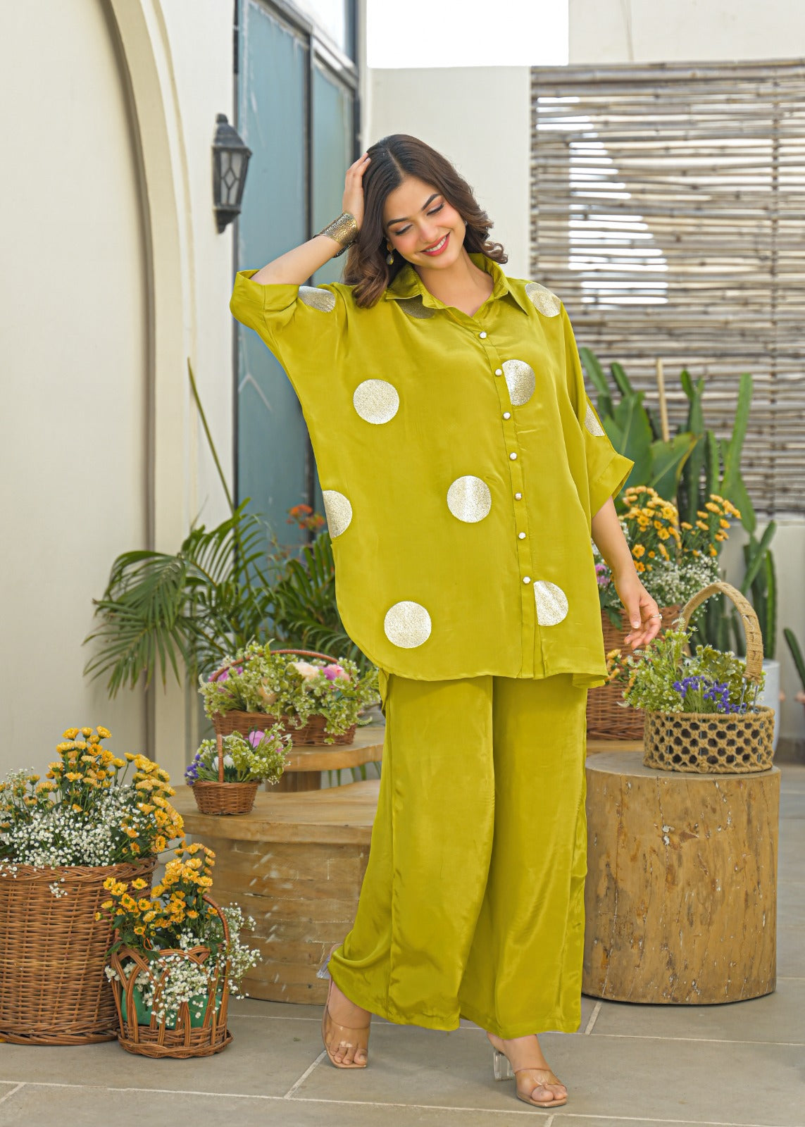 Powder Blue Golden Embossed Highlights Flowy Crepe Pathani Style Over Sized Co-Ord Set- 14849 RB484