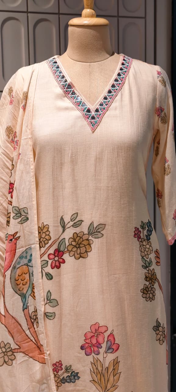 Pastel Peach Floral & Bird Patchwork Linen Full Suit Set with Mirror-Work Neckline- 14568 RB499