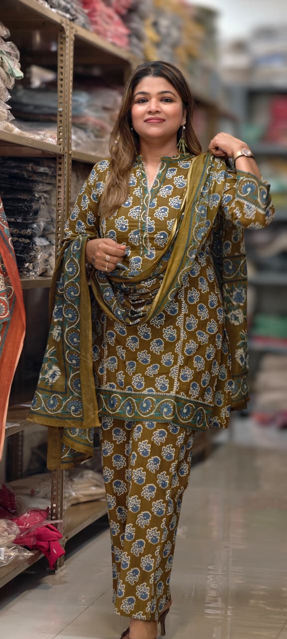 Earthy Floral Block Print Ethnic Cotton Short Length Kurta Full Suit Set With Dupatta- 14861 RB497