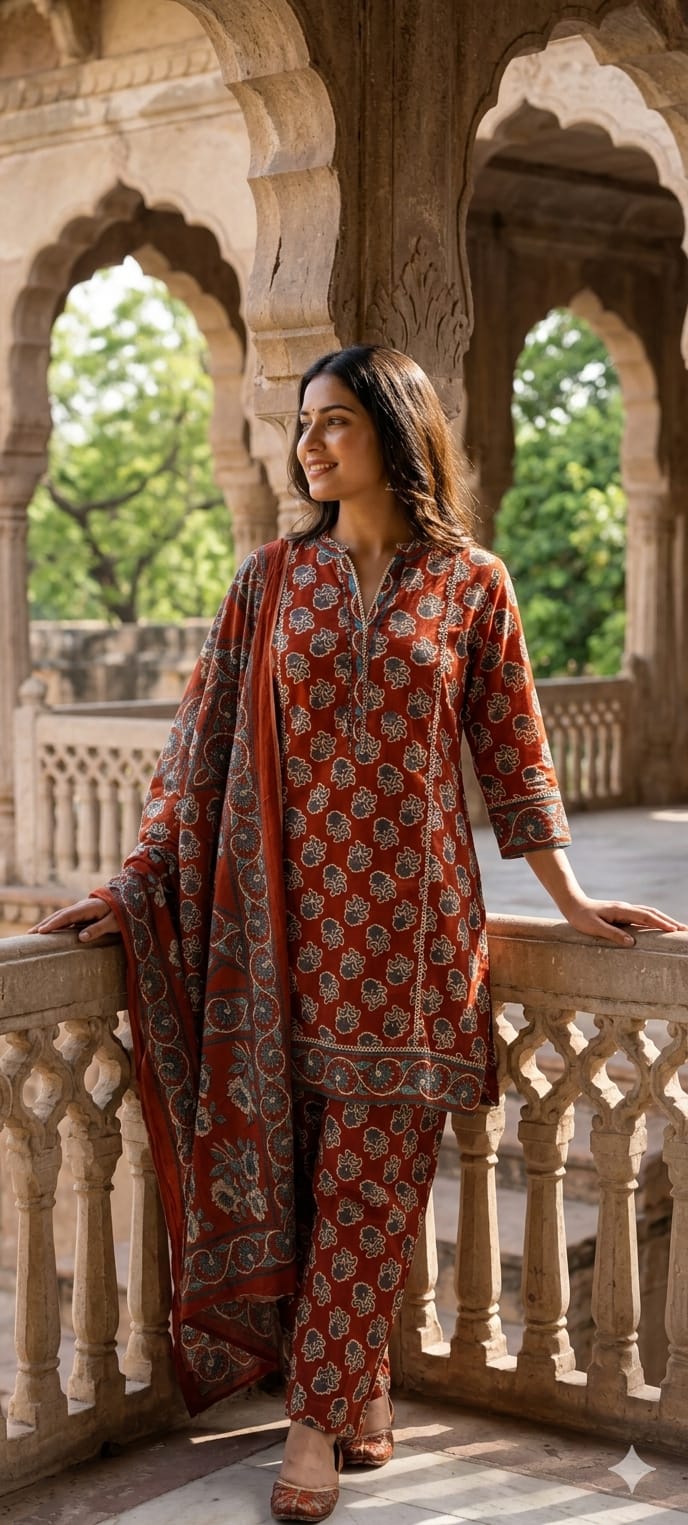 Earthy Floral Block Print Ethnic Cotton Short Length Kurta Full Suit Set With Dupatta- 14861 RB497