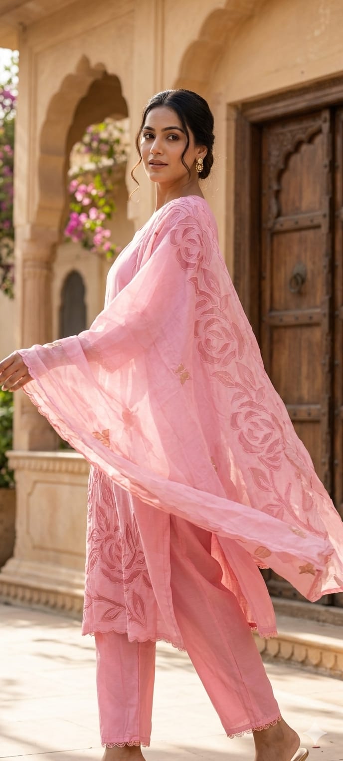 Organza Floral Cut Work Elegant Solid Full Suit Set With Dupatta In Surat Mul Chanderi Fabric- 14700 RB498