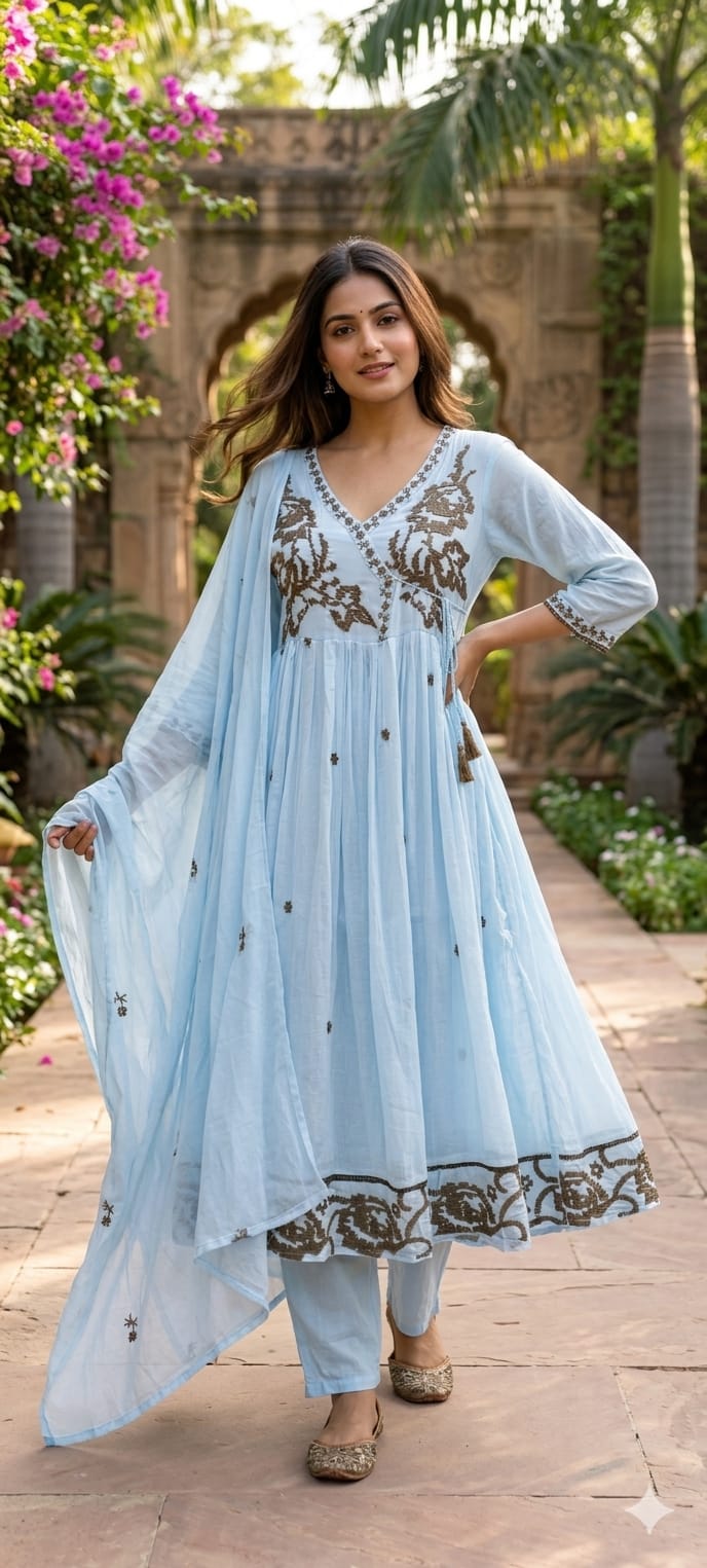 Cerulean Cross-Stitch Embroidered Angrakha Tiered Pleated Flared Anarkali Full Suit Set- 14852 RB501