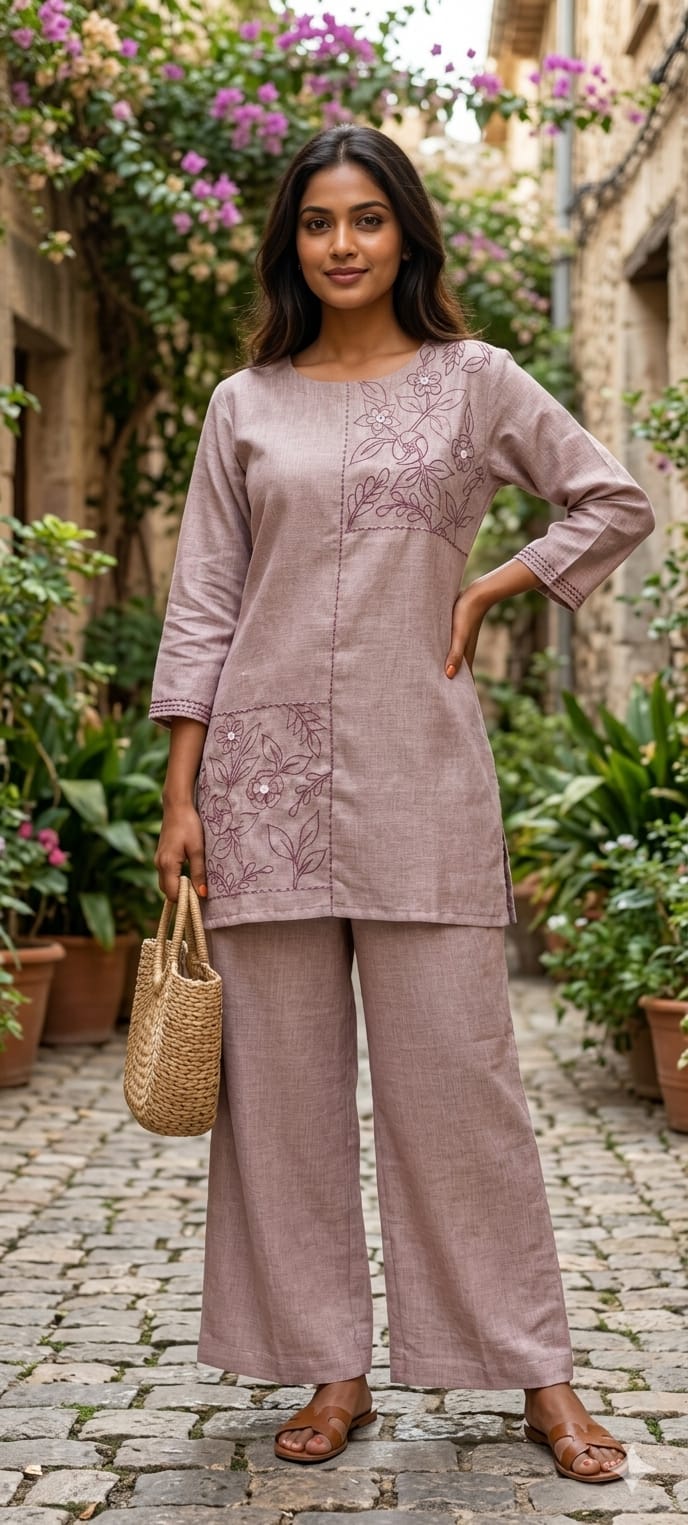 Slub Linen Co-Ord Set with Embroidered Artisanal Patchwork Detailing- 14862 RB504