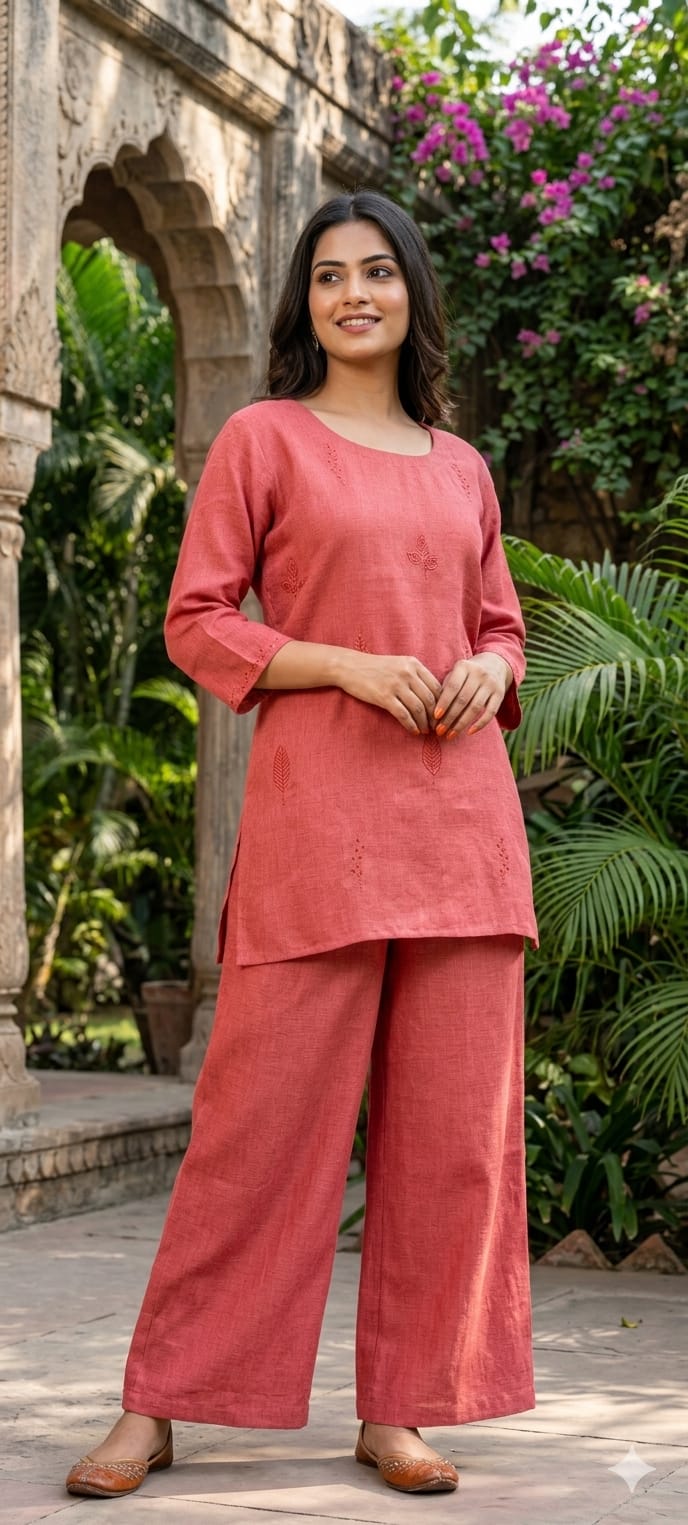 Formal Wear Jute Cotton Solid Co-Ord Sets with Delicate Leaf Embroidery- 14863 RB502