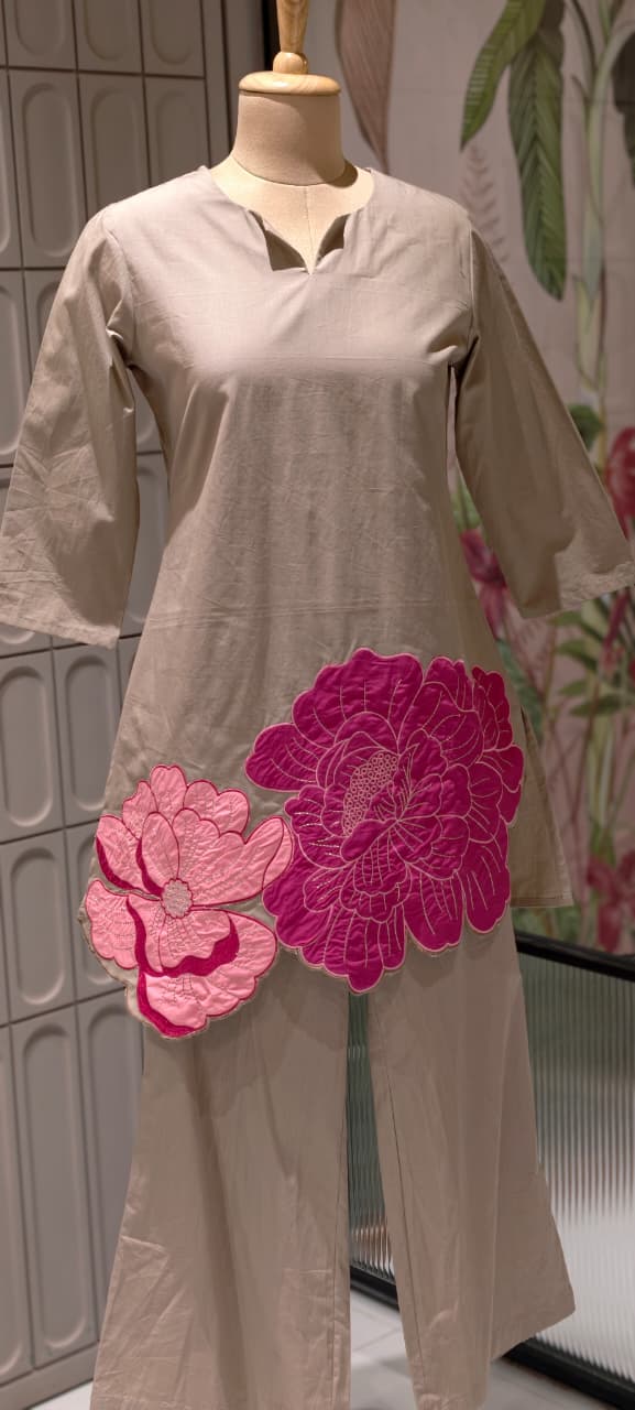 Complete Solid Very Minimal Floral Patch Look Pure Cotton Co-Ord Set- 14280 RB495