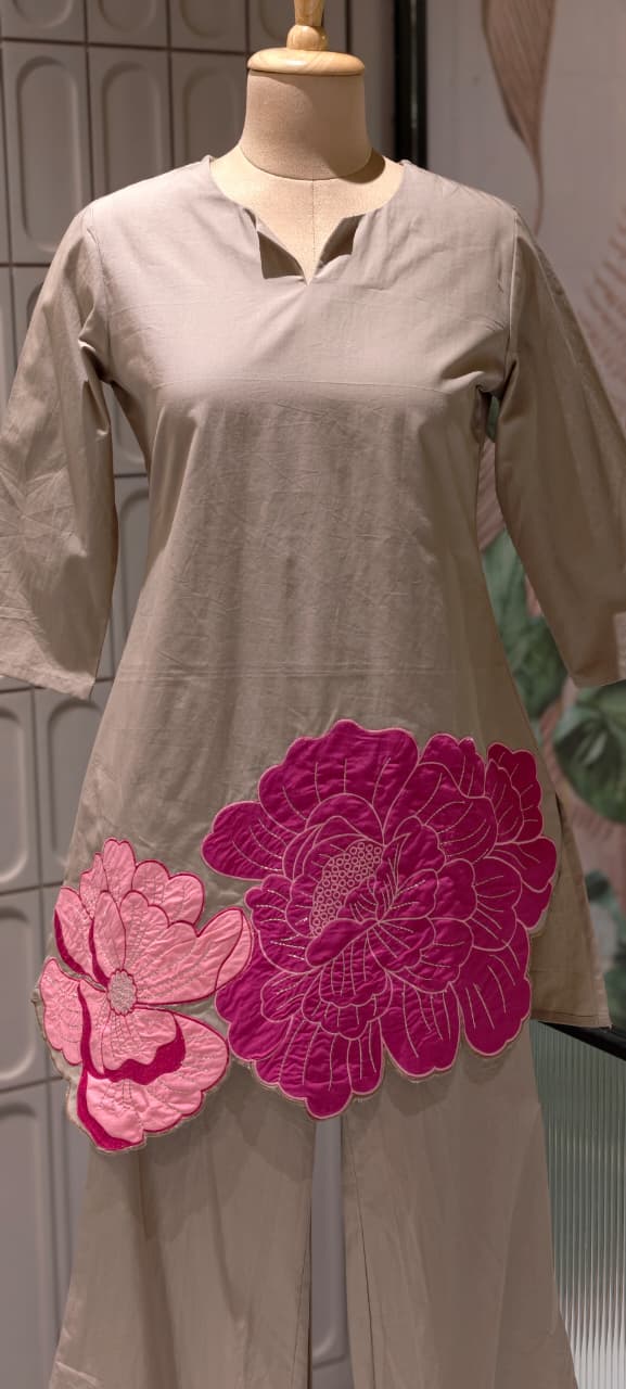 Complete Solid Very Minimal Floral Patch Look Pure Cotton Co-Ord Set- 14280 RB495