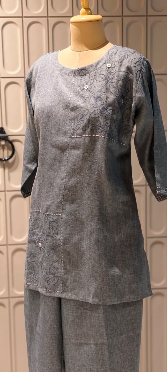 Slub Linen Co-Ord Set with Embroidered Artisanal Patchwork Detailing- 14862 RB504