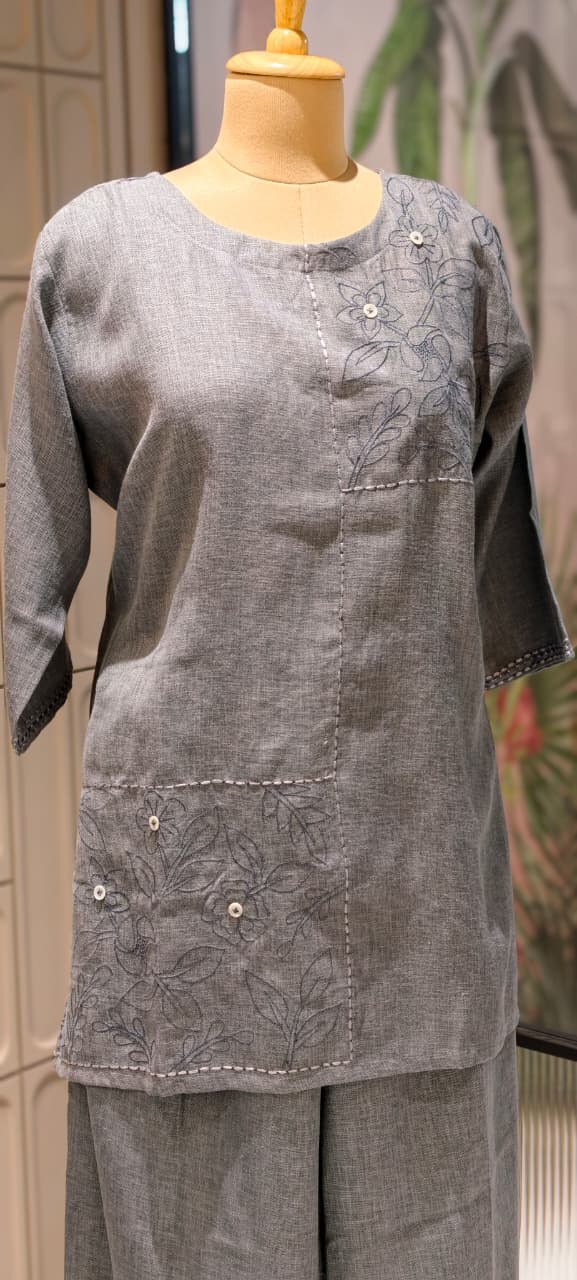 Slub Linen Co-Ord Set with Embroidered Artisanal Patchwork Detailing- 14862 RB504