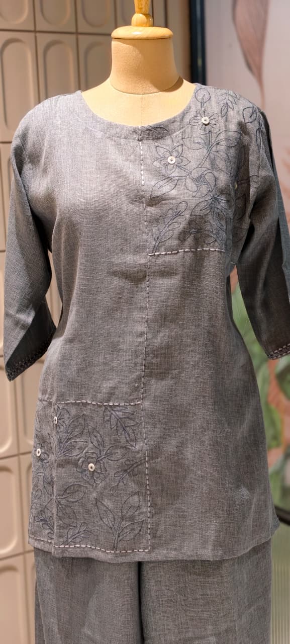 Slub Linen Co-Ord Set with Embroidered Artisanal Patchwork Detailing- 14862 RB504