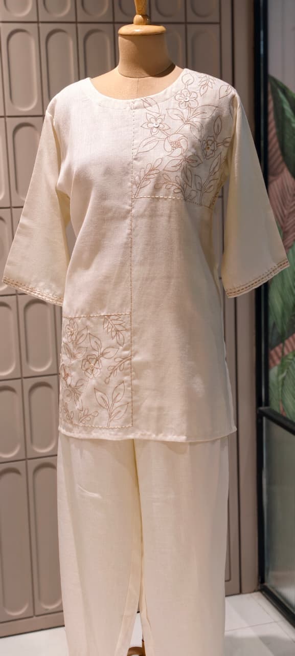 Slub Linen Co-Ord Set with Embroidered Artisanal Patchwork Detailing- 14862 RB504