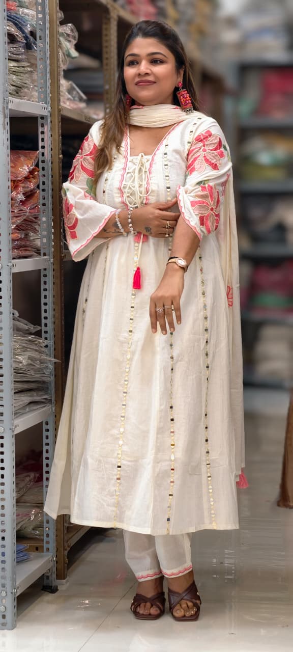Real Mirror Ivory Grace Flared Anarkali Full Suit Set with Lace-Up Neckline and Pink Floral Accents- 14678 RB500