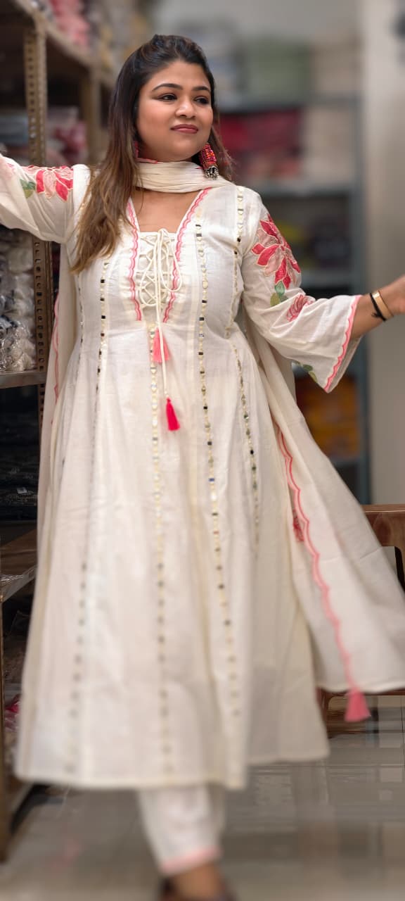 Real Mirror Ivory Grace Flared Anarkali Full Suit Set with Lace-Up Neckline and Pink Floral Accents- 14678 RB500