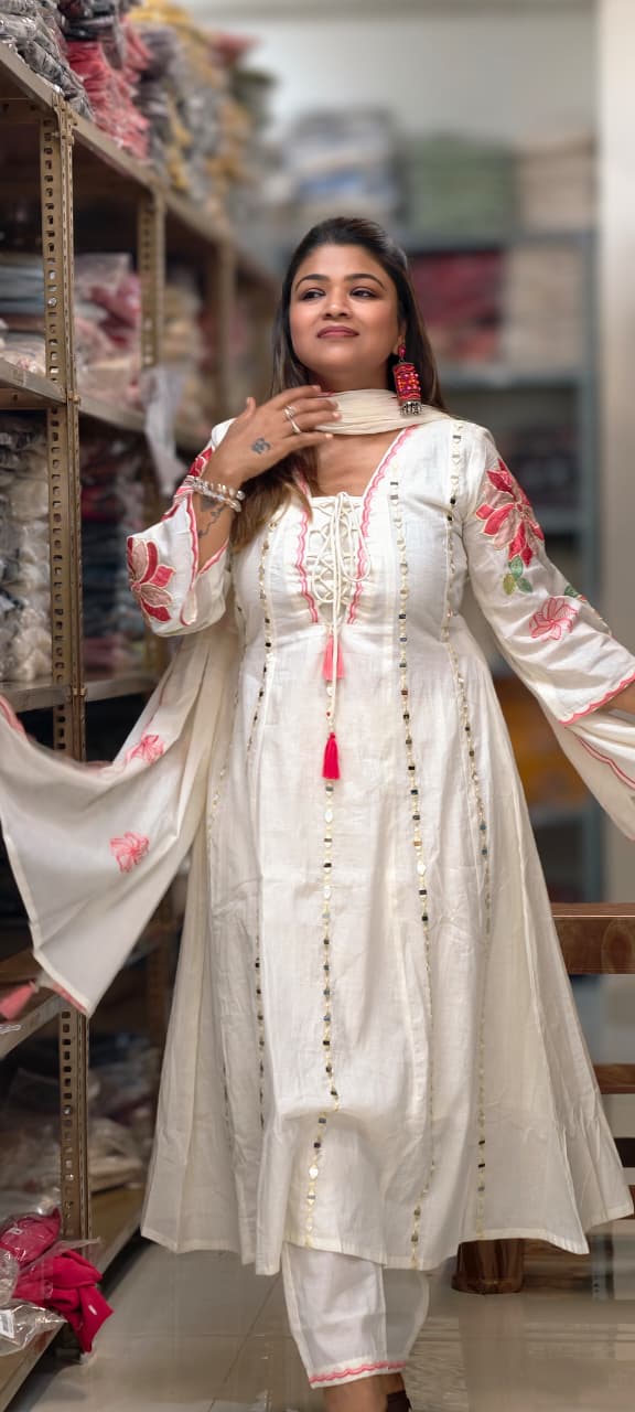 Real Mirror Ivory Grace Flared Anarkali Full Suit Set with Lace-Up Neckline and Pink Floral Accents- 14678 RB500