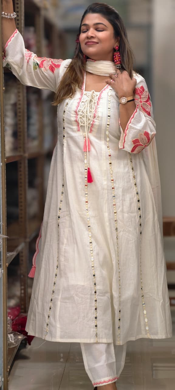 Real Mirror Ivory Grace Flared Anarkali Full Suit Set with Lace-Up Neckline and Pink Floral Accents- 14678 RB500