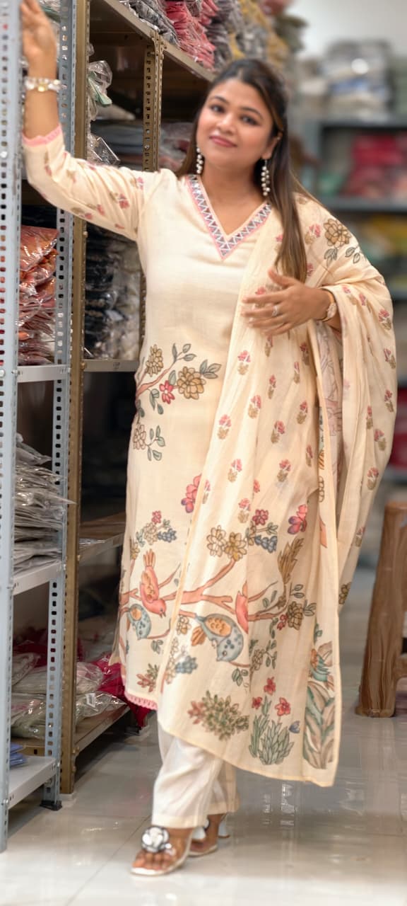 Pastel Peach Floral & Bird Patchwork Linen Full Suit Set with Mirror-Work Neckline- 14568 RB499