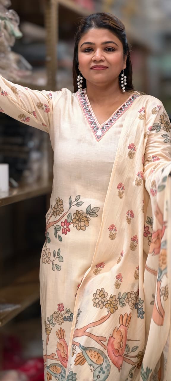 Pastel Peach Floral & Bird Patchwork Linen Full Suit Set with Mirror-Work Neckline- 14568 RB499
