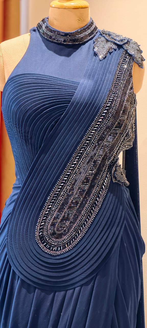 Midnight Sapphire Designer Draped Saree Gown with Hand Embellished Neckline & Statement Shoulder Detailing-14867-Dispatching After 30 Days