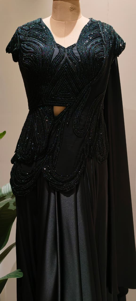 Midnight Noir Luxury Draped Saree Gown with Heavy Sequin & Bead Embellished Corset Blouse-14235-Dispatching after 30 Days