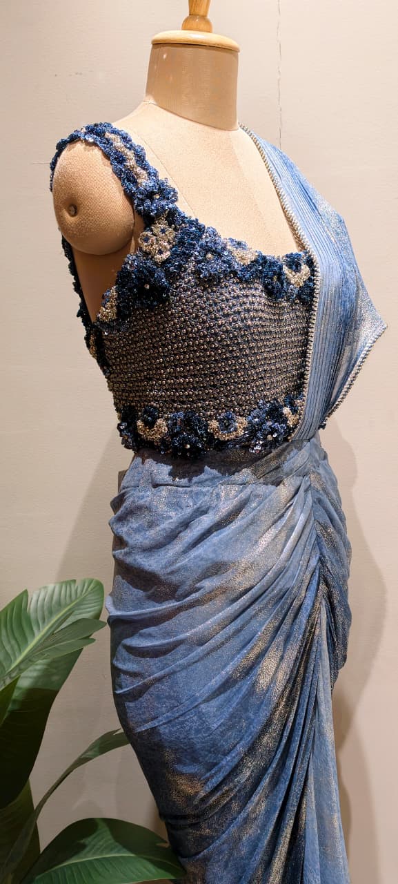 Designer Slate Blue Pre-Draped Silhouette Ruffle Saree with Heavy 3D Floral Embellished Blouse- 14236 RB453
