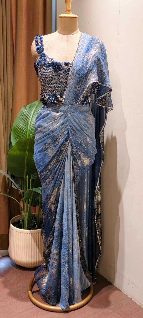 Designer Slate Blue Pre-Draped Silhouette Ruffle Saree with Heavy 3D Floral Embellished Blouse- 14236 RB453