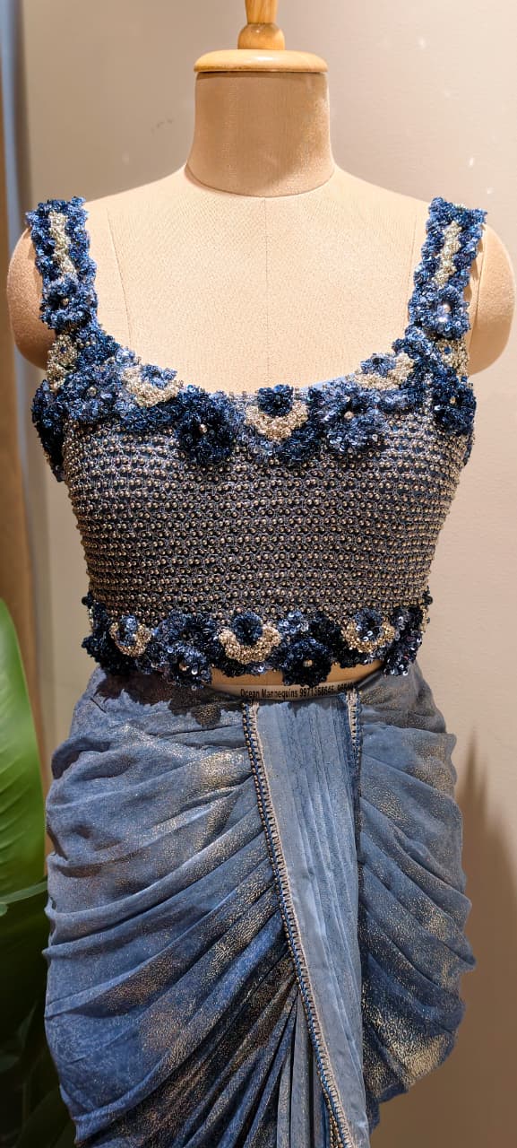 Designer Slate Blue Pre-Draped Silhouette Ruffle Saree with Heavy 3D Floral Embellished Blouse- 14236 RB453