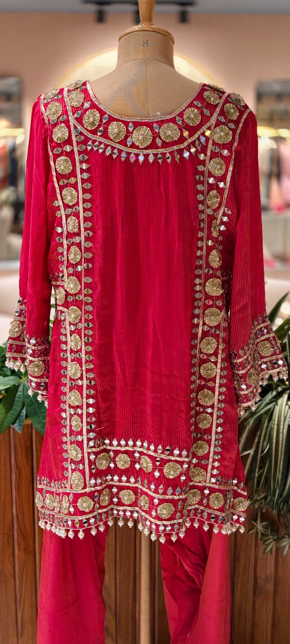 Designer Heavy Mirror Work Embroidered Kurta with Farshi Bottom Dupatta-14879