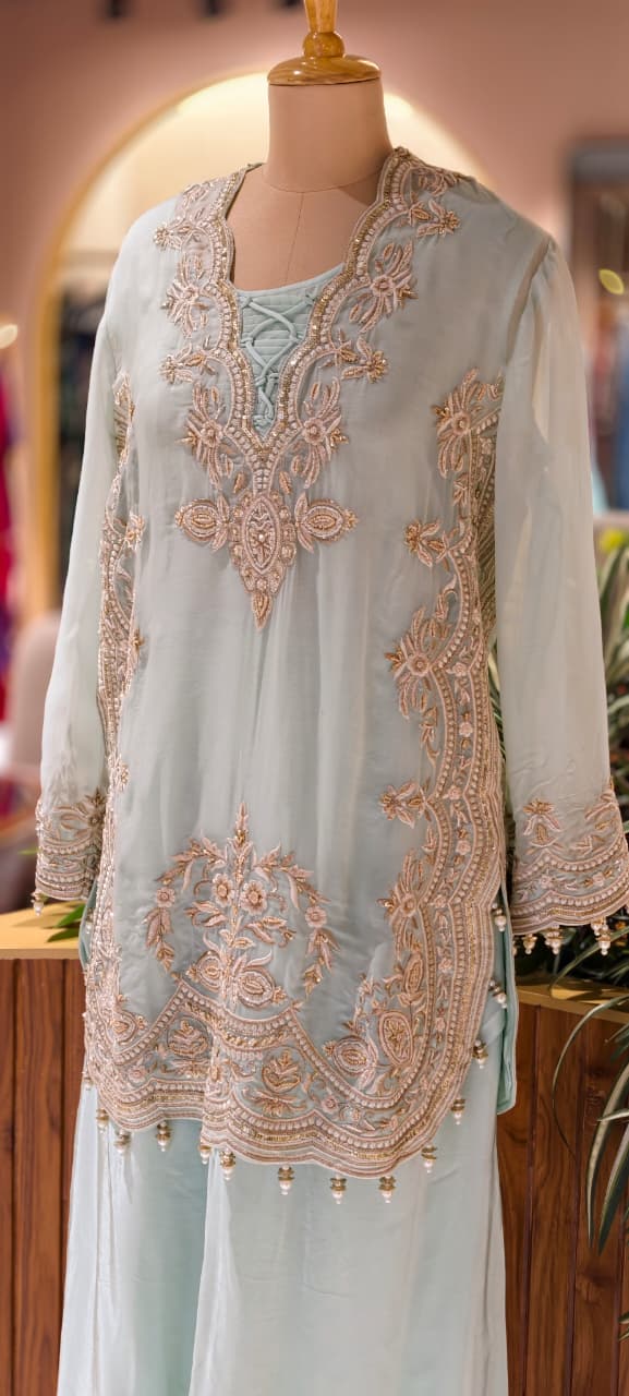 Luxury Designer Embroidered Pakistani Style Kurta Palazzo Set with Dupatta-14887