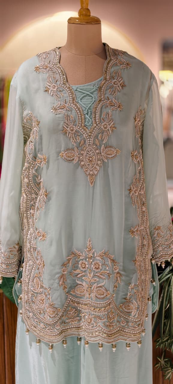 Luxury Designer Embroidered Pakistani Style Kurta Palazzo Set with Dupatta-14887