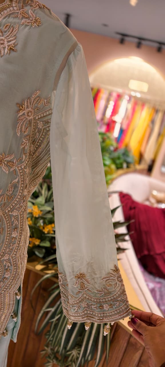 Luxury Designer Embroidered Pakistani Style Kurta Palazzo Set with Dupatta-14887