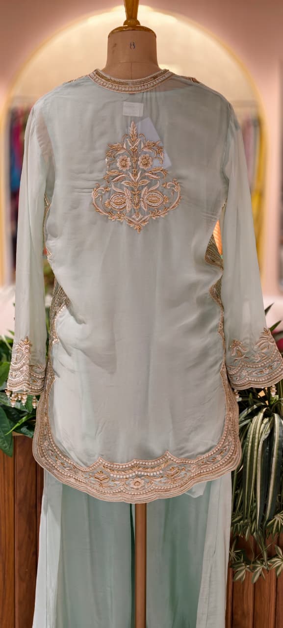 Luxury Designer Embroidered Pakistani Style Kurta Palazzo Set with Dupatta-14887