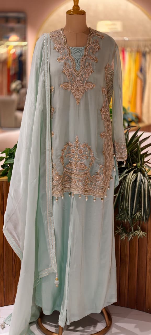 Luxury Designer Embroidered Pakistani Style Kurta Palazzo Set with Dupatta-14887