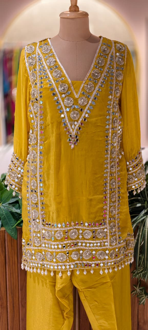 Designer Heavy Mirror Work Embroidered Kurta with Farshi Bottom Dupatta-14879